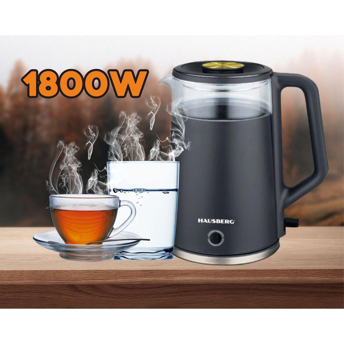 HAUSBERG HB-3619NG vízforraló, 1500 - 1800 W, 2 l űrtartalom, szárazonforgás elleni védelem, automata kikapcsolás, inox, üveg + műanyag, fekete