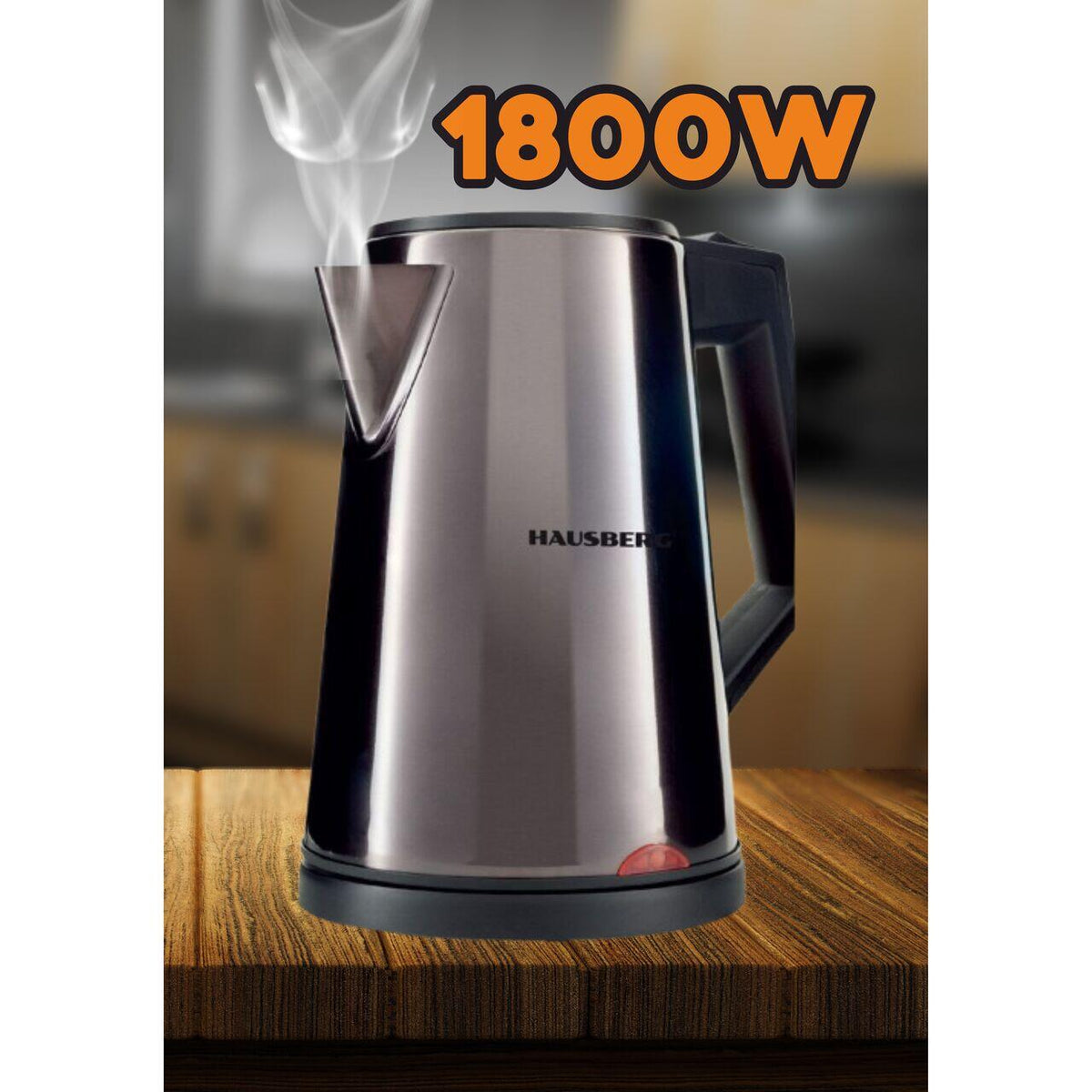 HAUSBERG HB-3620 elektromos vízforraló, 1800W, 2L kapacitás, szűrő, automata kikapcsolás, LED jelzőfény, dupla termosztát, Rozsdamentes acél