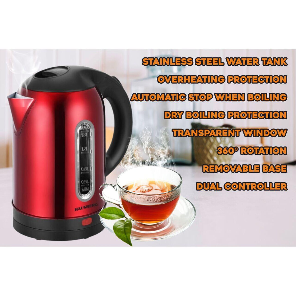 HAUSBERG HB-3621RS elektromos vízforraló, 1500 - 1800 W, 1,8 liter, rozsdamentes acél víztartály, automatikus kikapcsolás forráskor, 360 fokos elforgatás, túlmelegedés elleni védelem, levehető alap