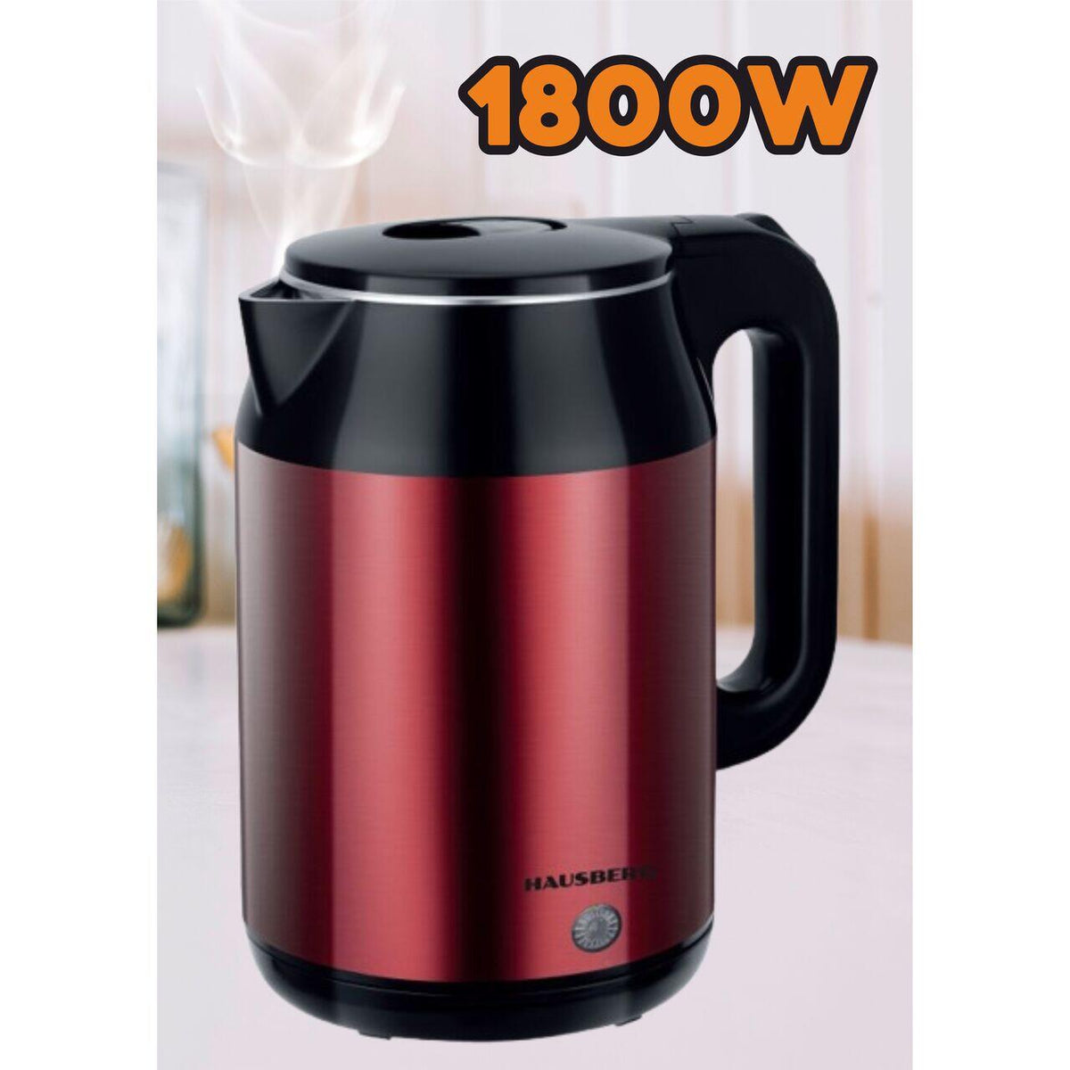 HAUSBERG HB-3623RS elektromos vízforraló, 1500 - 1800W, 2,2L űrtartalom, automata kikapcsolás, fényjelző, piros-fekete