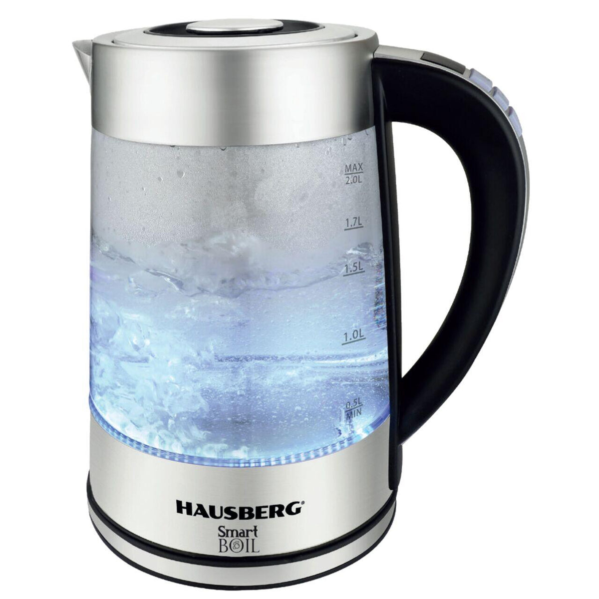HAUSBERG HB-3625 üveg vízforraló digitális kijelzővel, 1500-1800W teljesítmény, 2 liter kapacitás, LED kijelző, automatikus kikapcsolás, rozsdamentes acél + üveg anyag