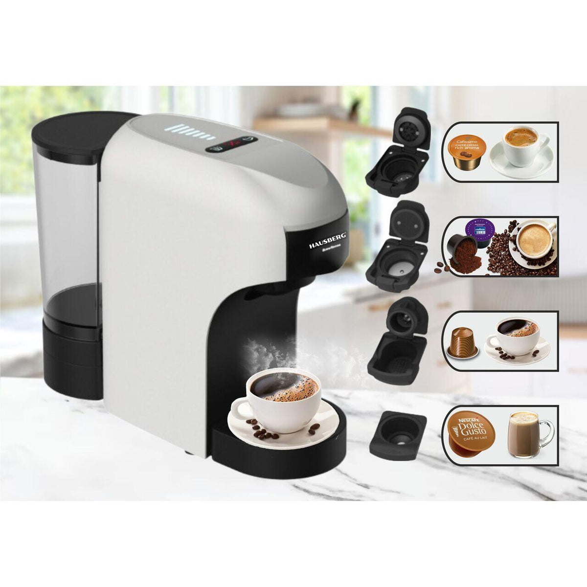 Espressor 4 az 1-ben többszegmenses HAUSBERG HB-3735AB, 1400 W, 20 bar, öko funkció, 850 ml tartálykapacitás, fekete-fehér