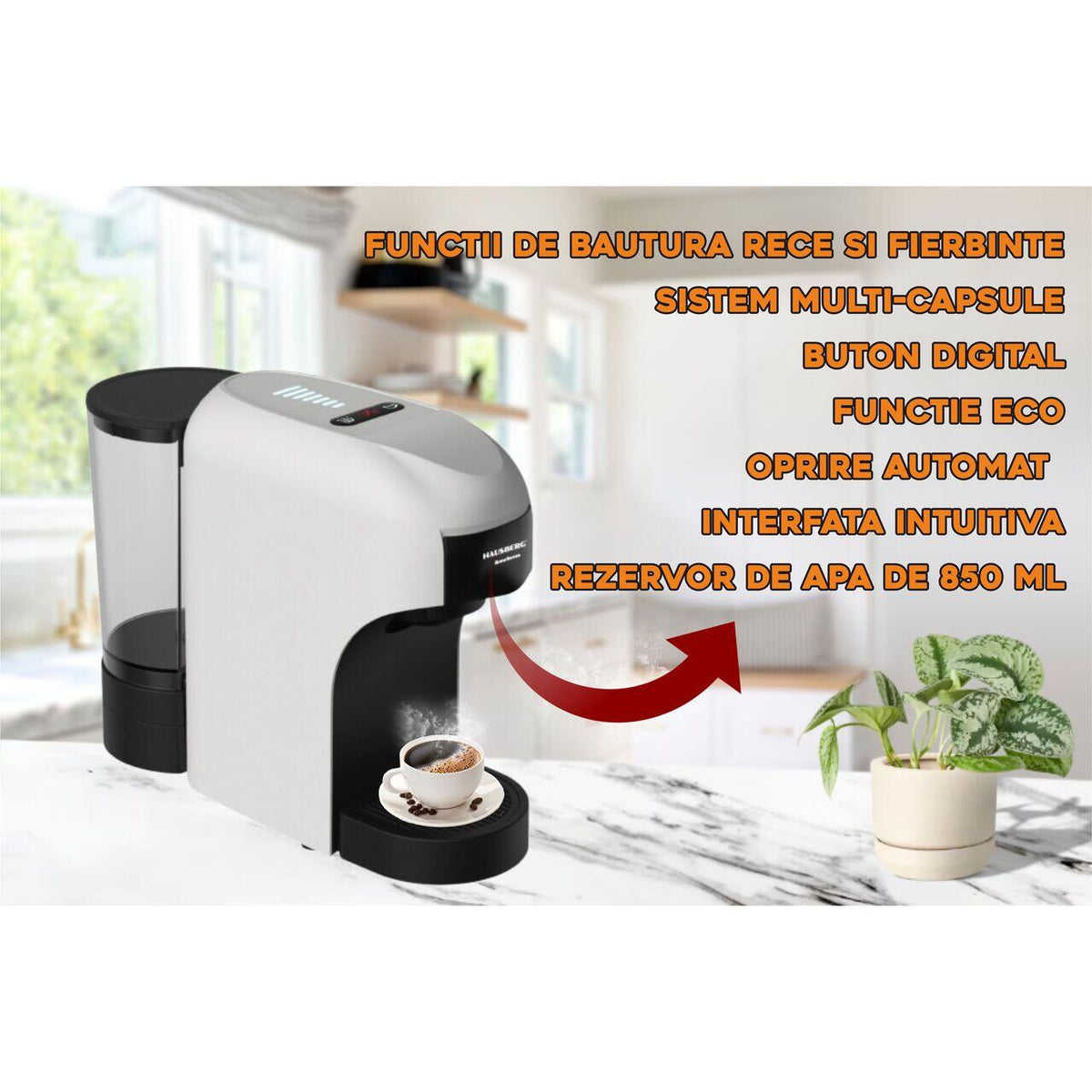 Espressor 4 az 1-ben többszegmenses HAUSBERG HB-3735AB, 1400 W, 20 bar, öko funkció, 850 ml tartálykapacitás, fekete-fehér