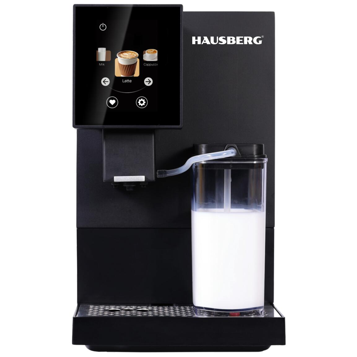 Hausberg HB3775NG digitális kávéfőző, automata, kávébab, 3,5"-es TFT érintőképernyő, cappuccino/latte, 400 ml-es tejtartály, 1,1 L-es víztartály, 1100-1350 W