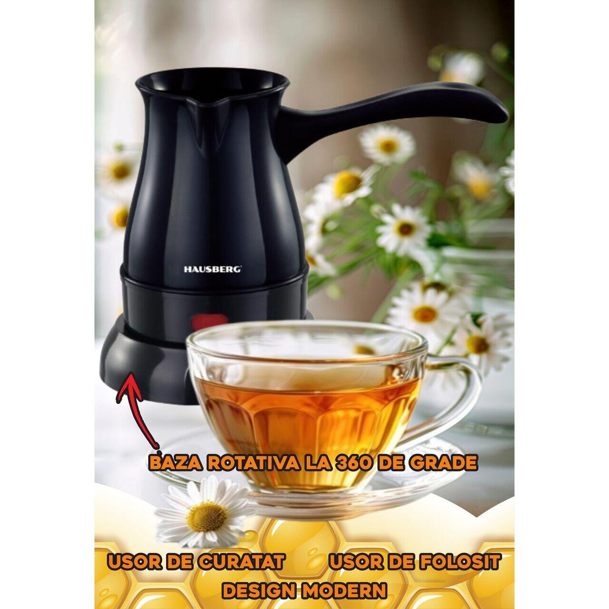 Hausberg HB-3810NG elektromos kávéfőző ibrik, 600W teljesítmény, 800 ml űrtartalom, fekete