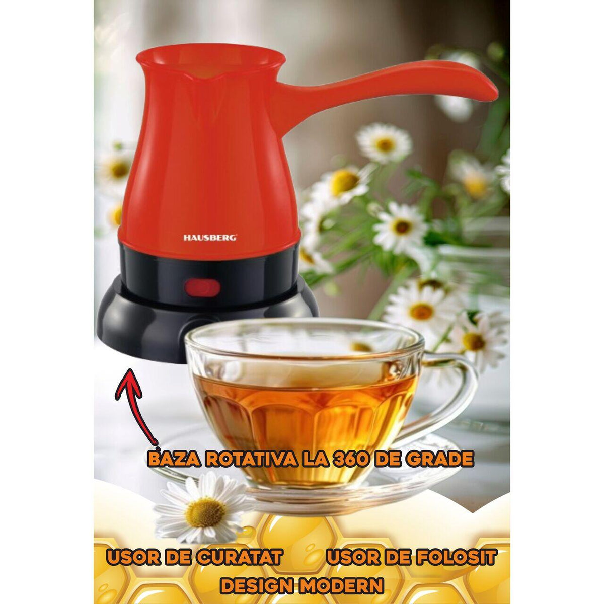 Hausberg HB-3810RS elektromos kávéfőző ibrik, 600W teljesítmény, 800 ml űrtartalom, piros