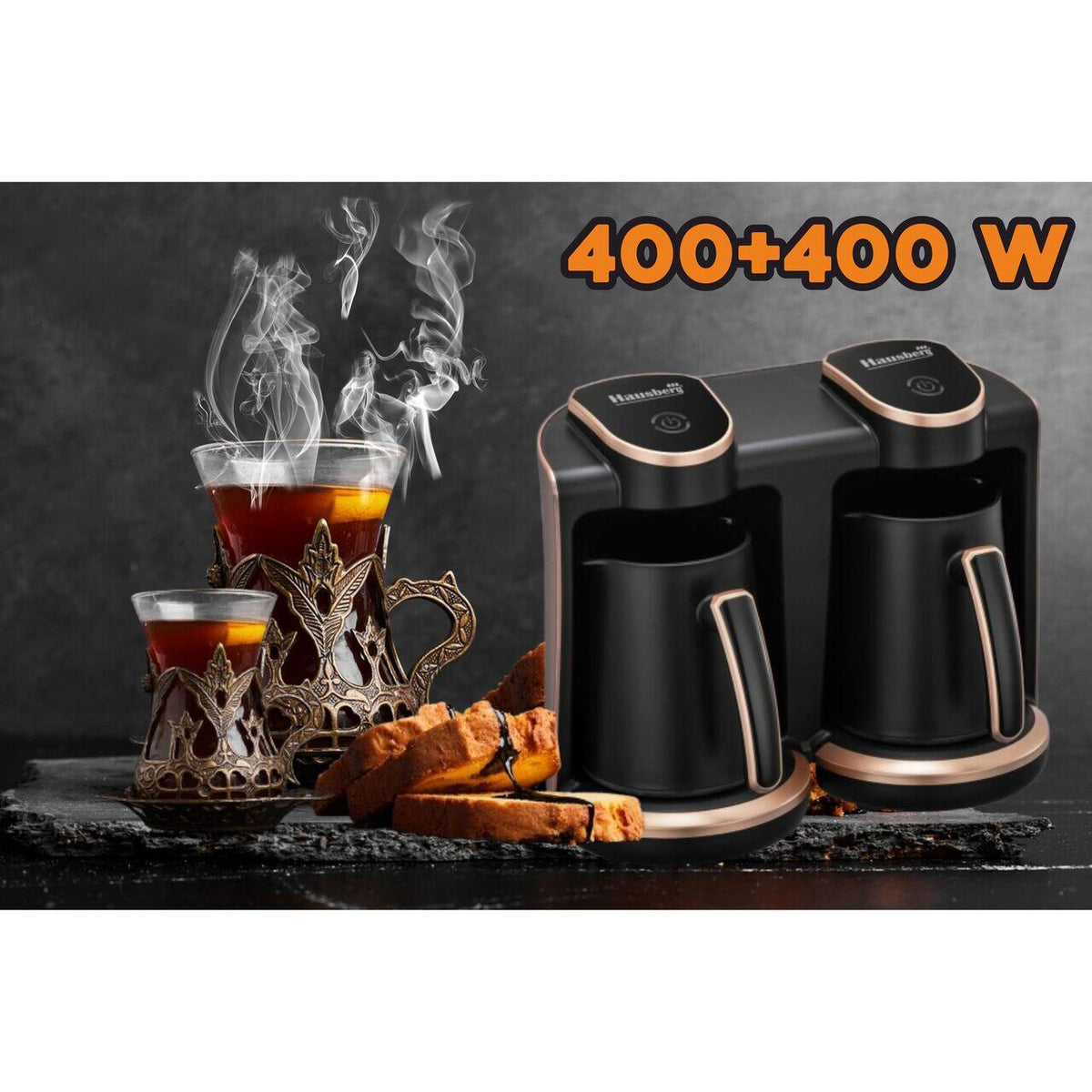 Hausberg HB-3820AU török kávéfőző, 2 edény, 400+400 W, hang- és fényjelzés, arany/fekete