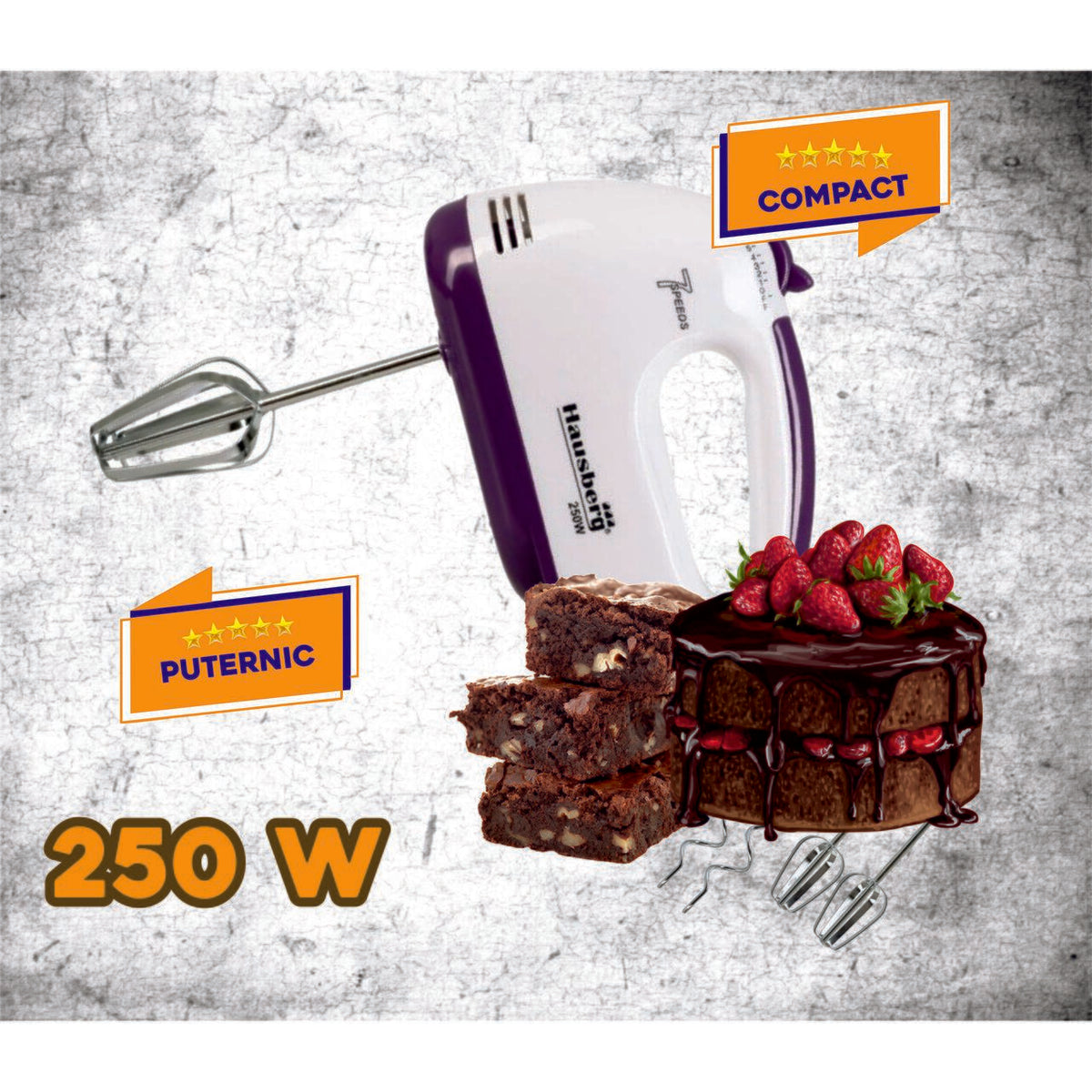 Kézi mixer, Hausberg HB-4112MV, fehér/lila, 250 W, 7 sebességfokozat