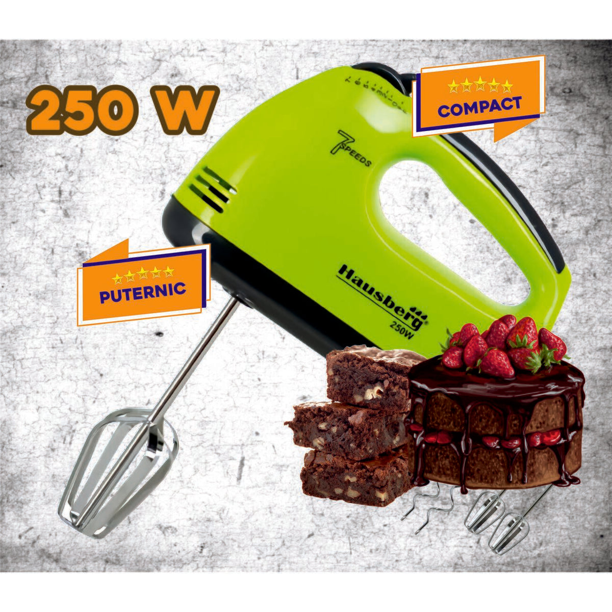 Kézi mixer, Hausberg HB-4112VR, fehér/zöld, 250 W, 7 sebességfokozat