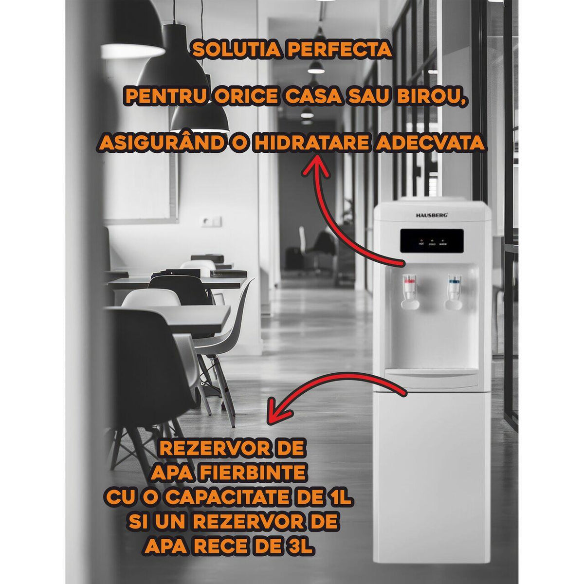 HAUSBERG HB-6024AB álló vízadagoló, fűtési teljesítmény 550 W, hűtési teljesítmény 85 W, rozsdamentes acél víztartály, automata termosztát