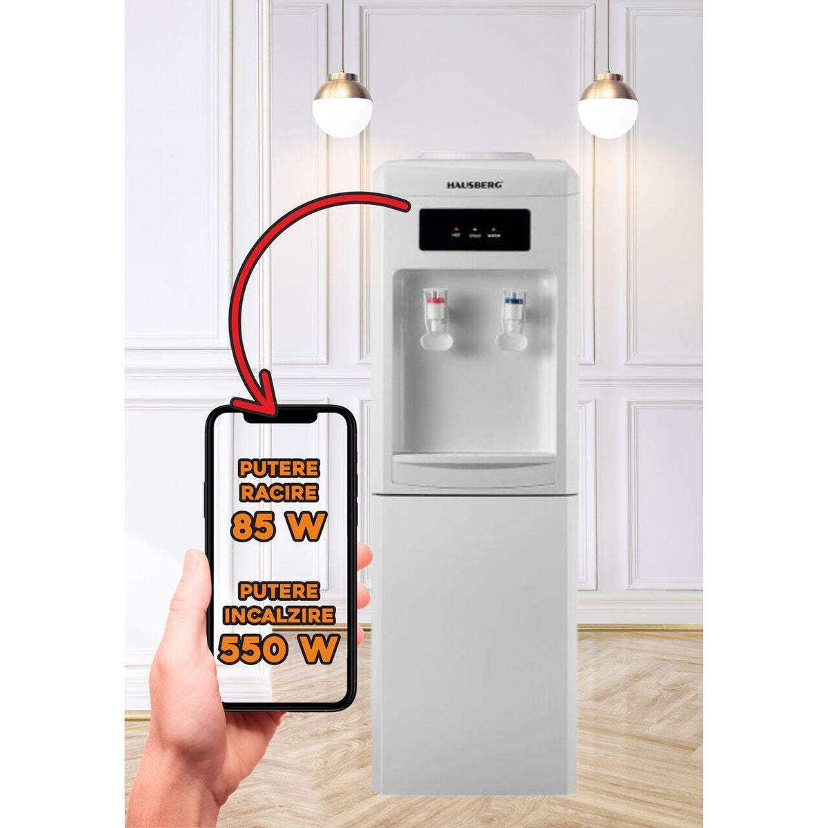 HAUSBERG HB-6024AB álló vízadagoló, fűtési teljesítmény 550 W, hűtési teljesítmény 85 W, rozsdamentes acél víztartály, automata termosztát