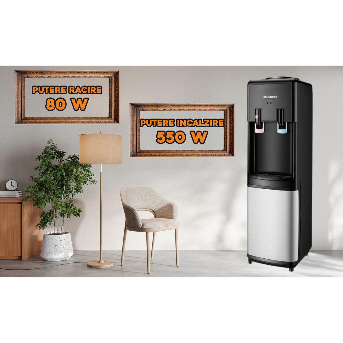HAUSBERG HB-6025NG vízadagoló, fűtési teljesítmény 550 W, hűtési teljesítmény 80 W, rozsdamentes acél víztartály, automata termosztát