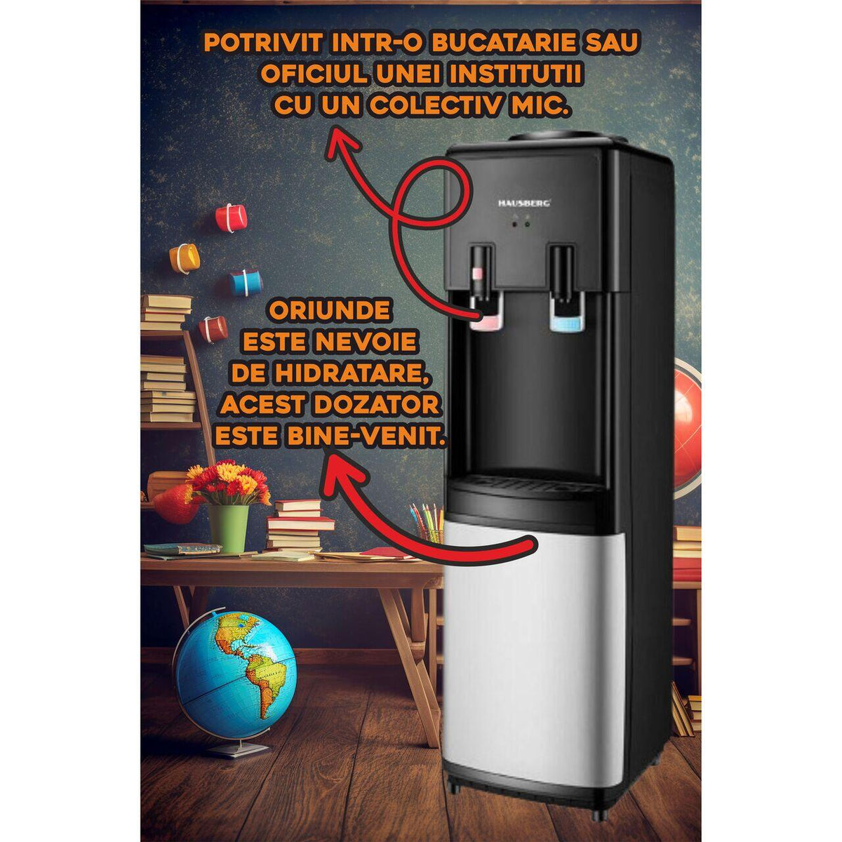 HAUSBERG HB-6025NG vízadagoló, fűtési teljesítmény 550 W, hűtési teljesítmény 80 W, rozsdamentes acél víztartály, automata termosztát