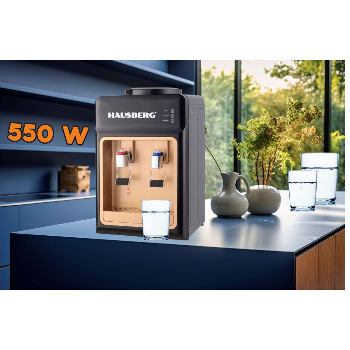 Hausberg HB-6026NG vízadagoló, 550 W fűtési teljesítmény, 80 W hűtési teljesítmény, LED-es jelzőfények a meleg és hideg vízhez, automata termosztát, fekete-barna