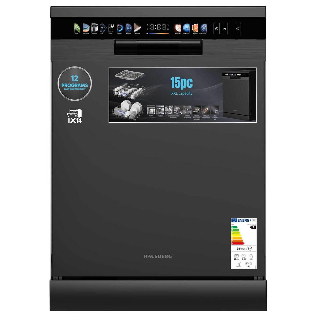 Hausberg HB-6215NG mosogatógép, digitális, 8+4 program, fekete