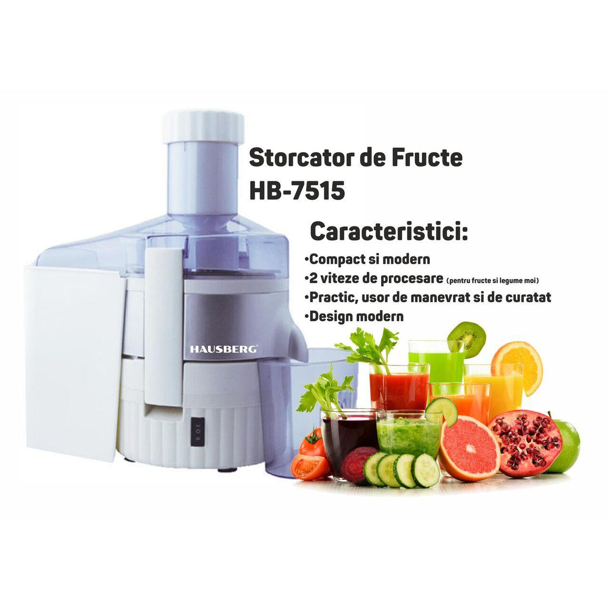 Hausberg HB-7515 gyümölcscentrifuga, 800 W, rozsdamentes acél pengék, réz motor