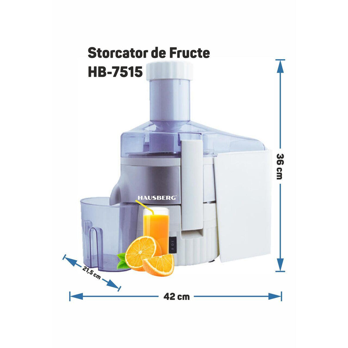 Hausberg HB-7515 gyümölcscentrifuga, 800 W, rozsdamentes acél pengék, réz motor