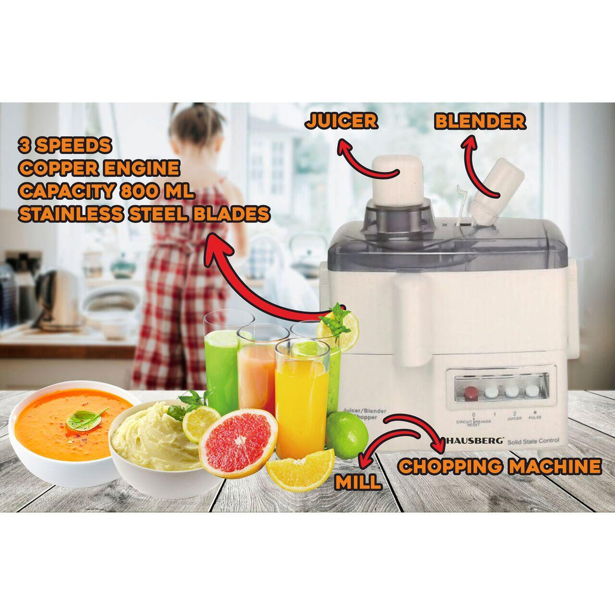 Hausberg HB-7520 multifunkciós konyhai robotgép, 800W, 3 sebességfokozat