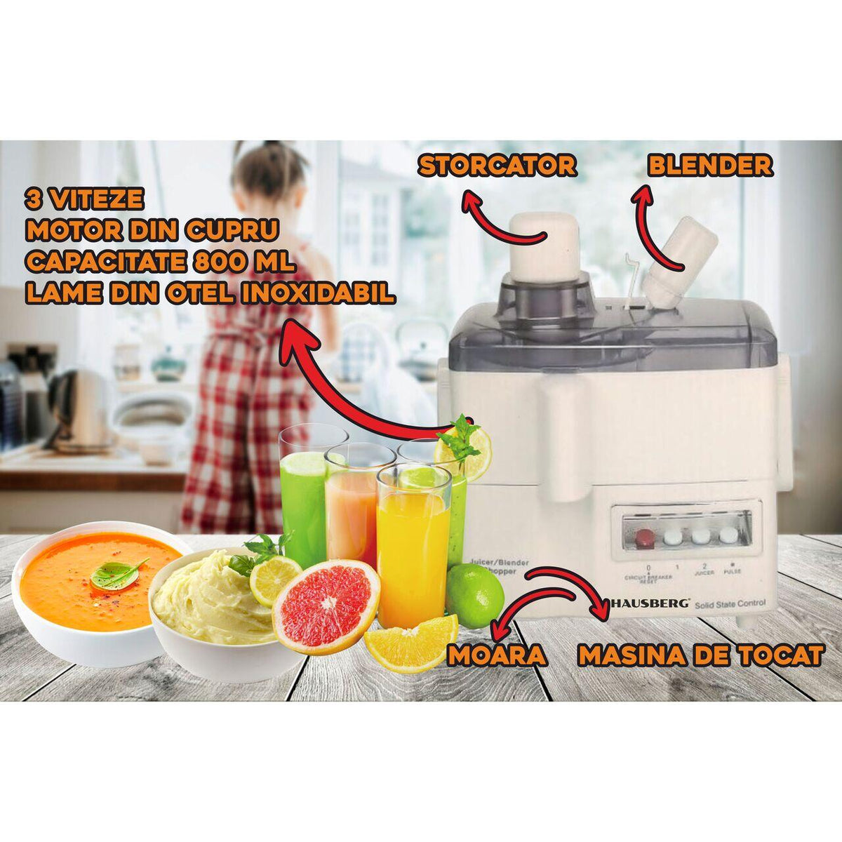 Hausberg HB-7520 multifunkciós konyhai robotgép, 800W, 3 sebességfokozat