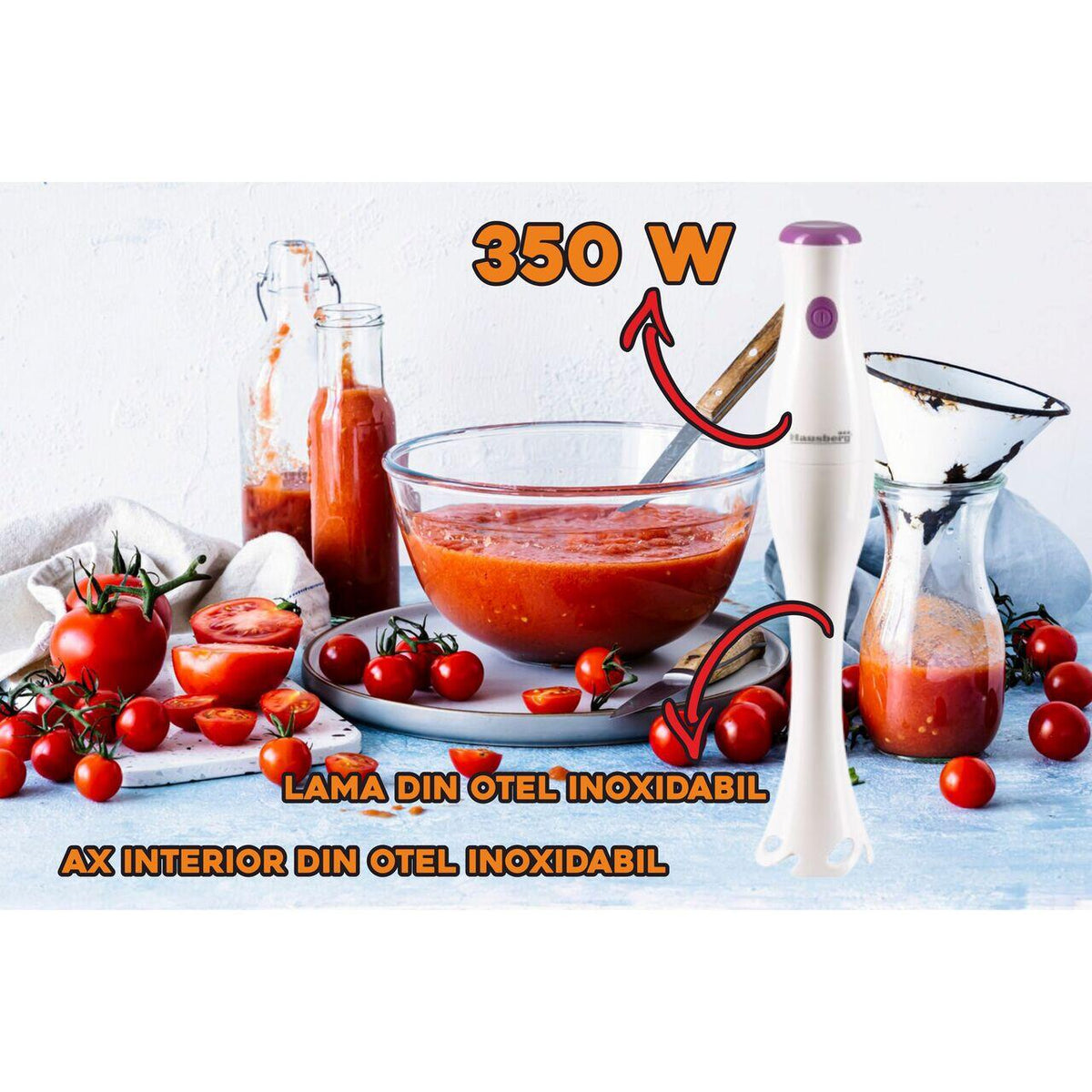 Hausberg HB-7669AB botmixer, 350 W, rozsdamentes acél penge, rozsdamentes acél belső szár, fehér