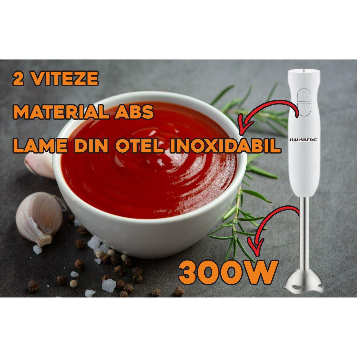 HAUSBERG HB-7674AB botmixer, 300W, 2 sebességfokozat, ABS anyag, rozsdamentes acél pengék, fehér