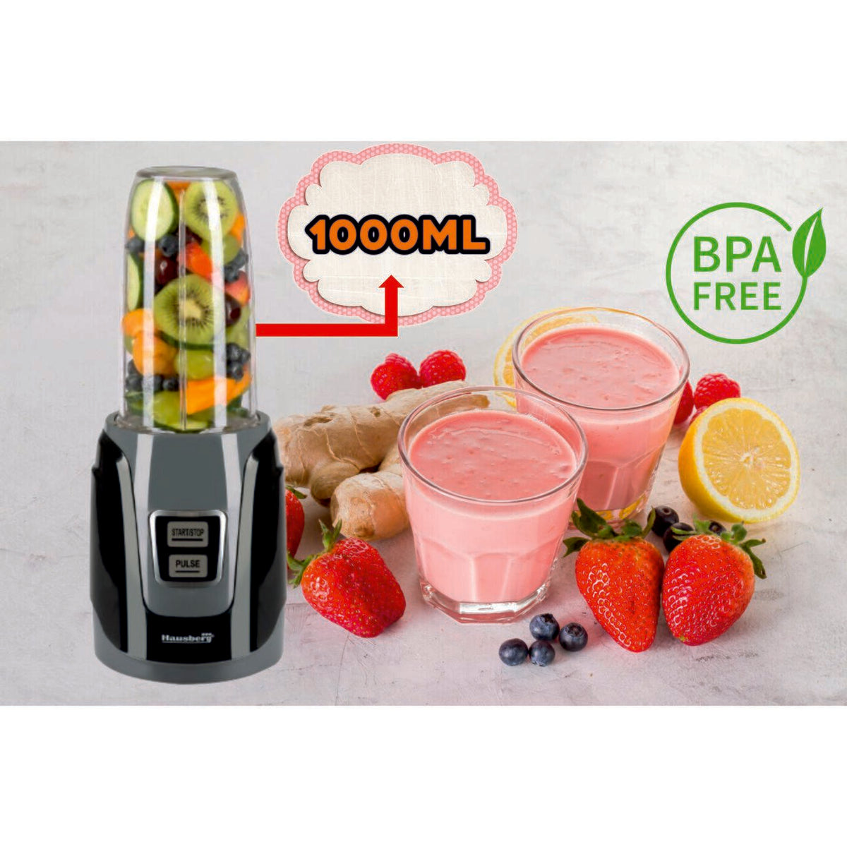 Blender Hausberg HB-7675NG fekete, teljesítmény 1000W, kapacitás 1000ml, rézmotor