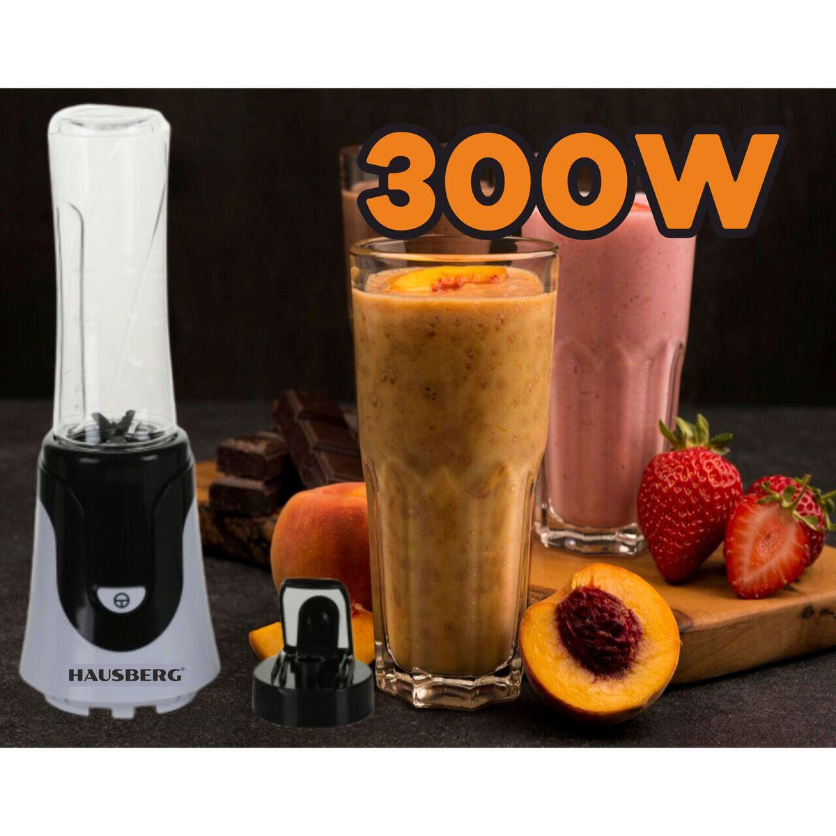 Turmixgép, Smoothie készítő, Hausberg HB-7676NG, Teljesítmény 300W, Kapacitás 600ml, rézmotor, Fekete