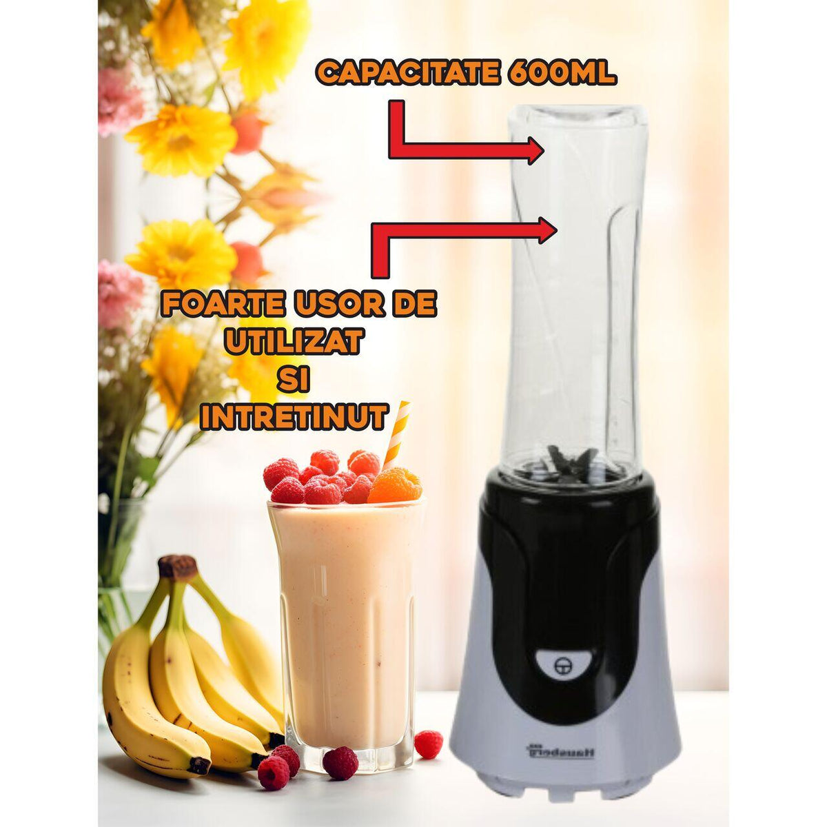 Turmixgép, Smoothie készítő, Hausberg HB-7676NG, Teljesítmény 300W, Kapacitás 600ml, rézmotor, Fekete