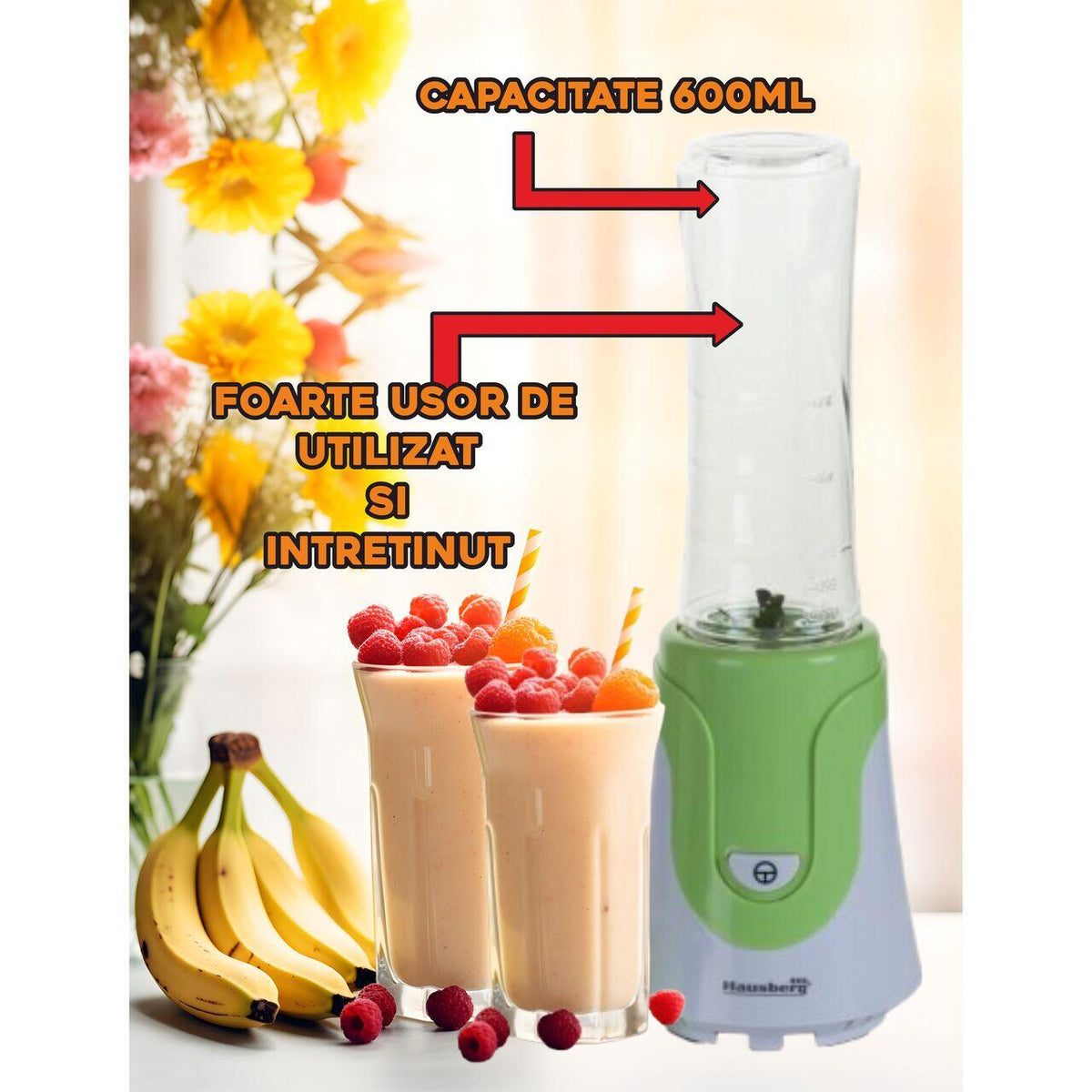 Smoothie blender, Hausberg HB-7676VR, 300W teljesítmény, 600ml űrtartalom, rézmotor, zöld