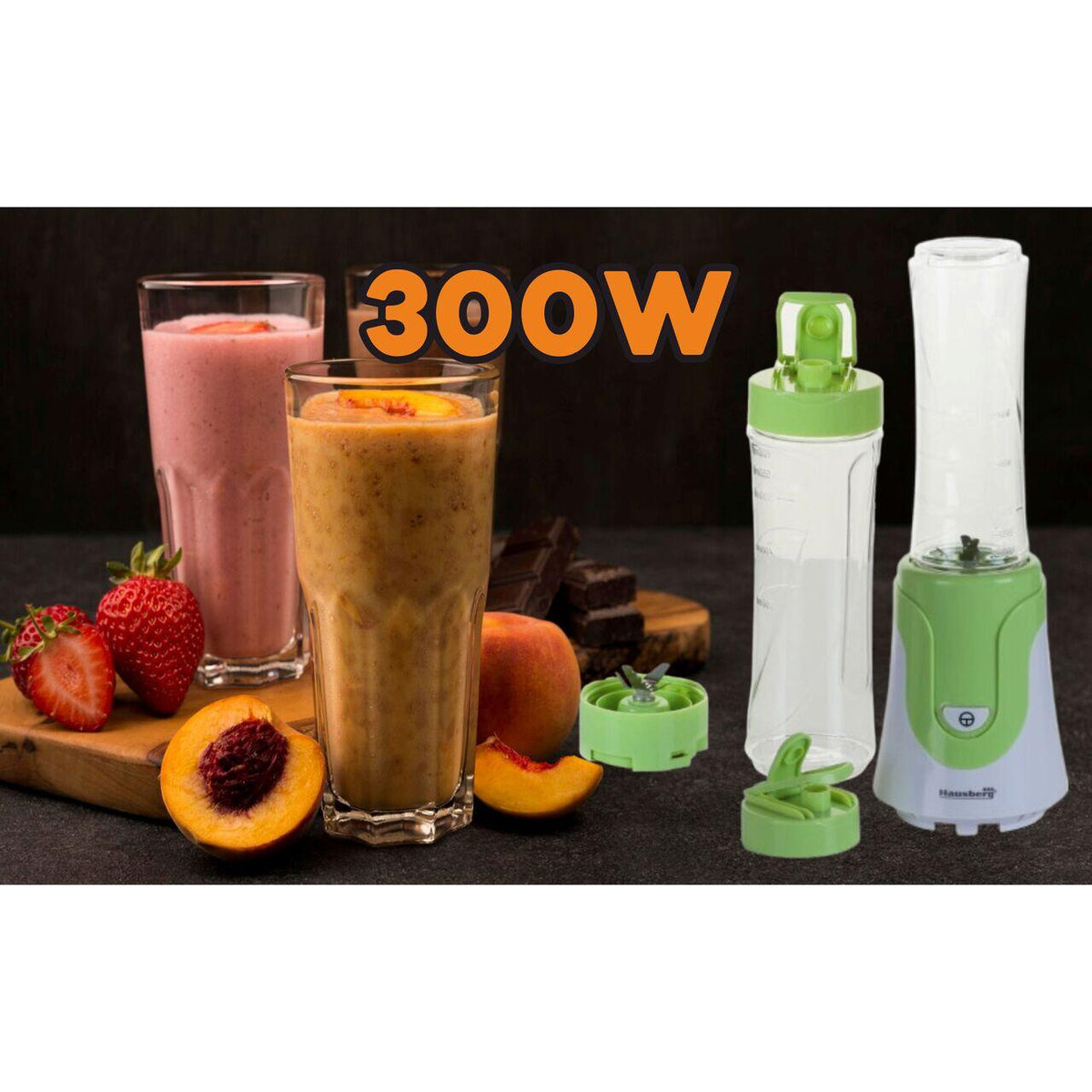 Smoothie blender, Hausberg HB-7676VR, 300W teljesítmény, 600ml űrtartalom, rézmotor, zöld
