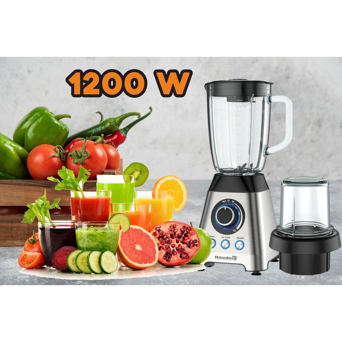 Blender, Hausberg HB-7764, két sebesség fokozat impulzus funkcióval, 1,8 literes üvegkehely, 1200 W
