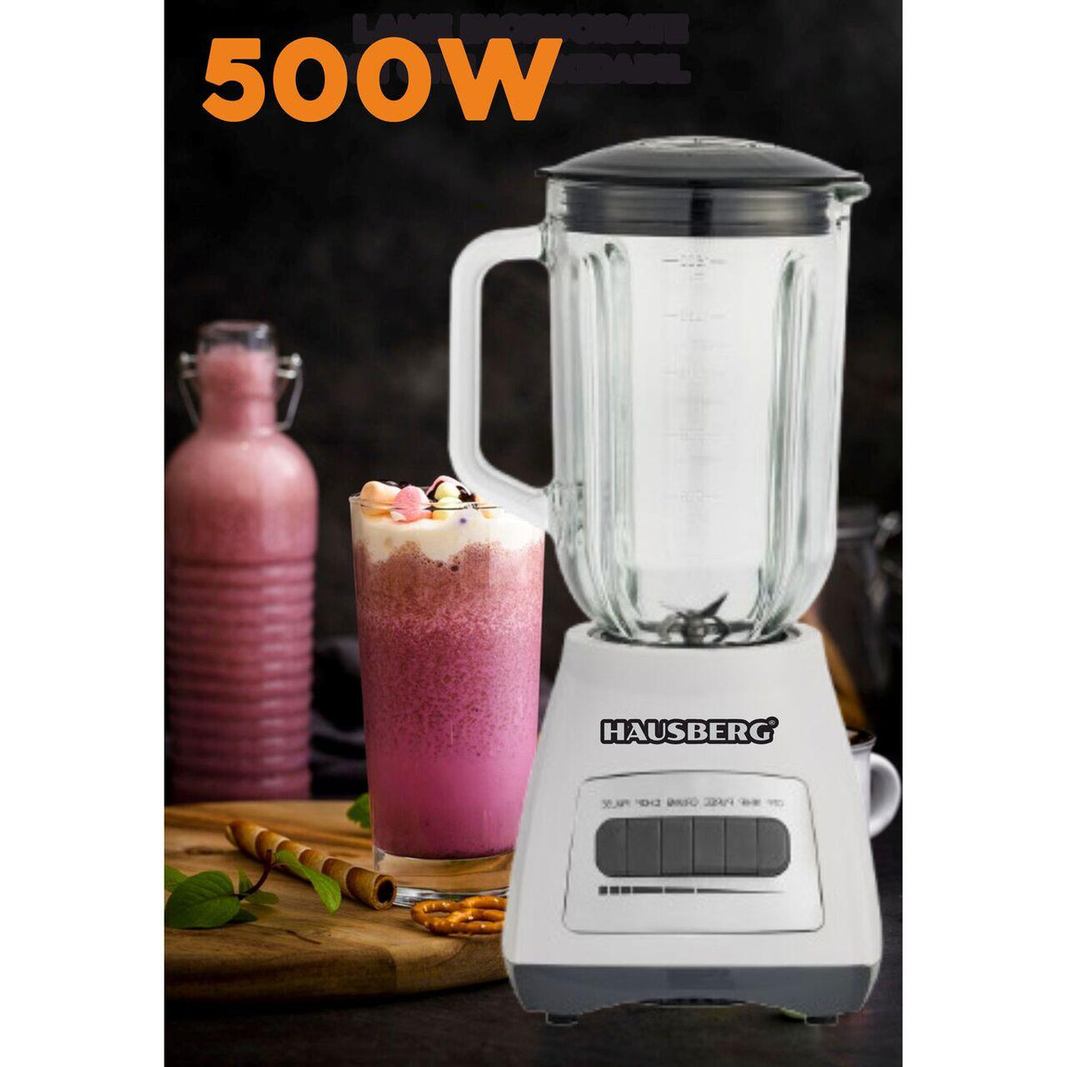 HAUSBERG HB-7772AB turmixgép darálóval, 400-500W, 1.5L kapacitás, üvegkehely, 4 sebességfokozat, rozsdamentes acél kések, fehér