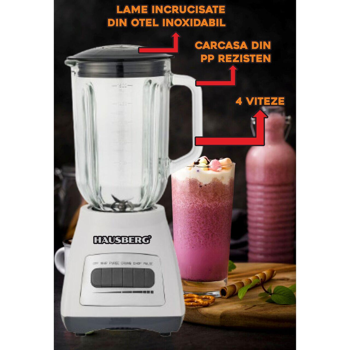 HAUSBERG HB-7772AB turmixgép darálóval, 400-500W, 1.5L kapacitás, üvegkehely, 4 sebességfokozat, rozsdamentes acél kések, fehér