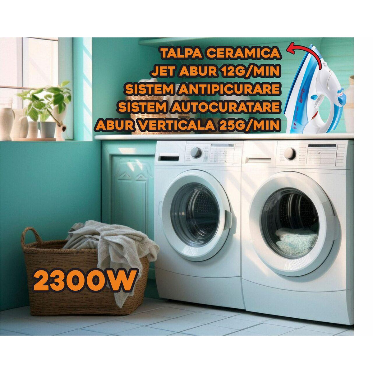 Hausberg HB-7805BL vasaló, 2300W, 165ml, kerámia talp, gőzlöket 12g/perc, függőleges gőz 25g/perc, csepegésgátló rendszer, öntisztító rendszer