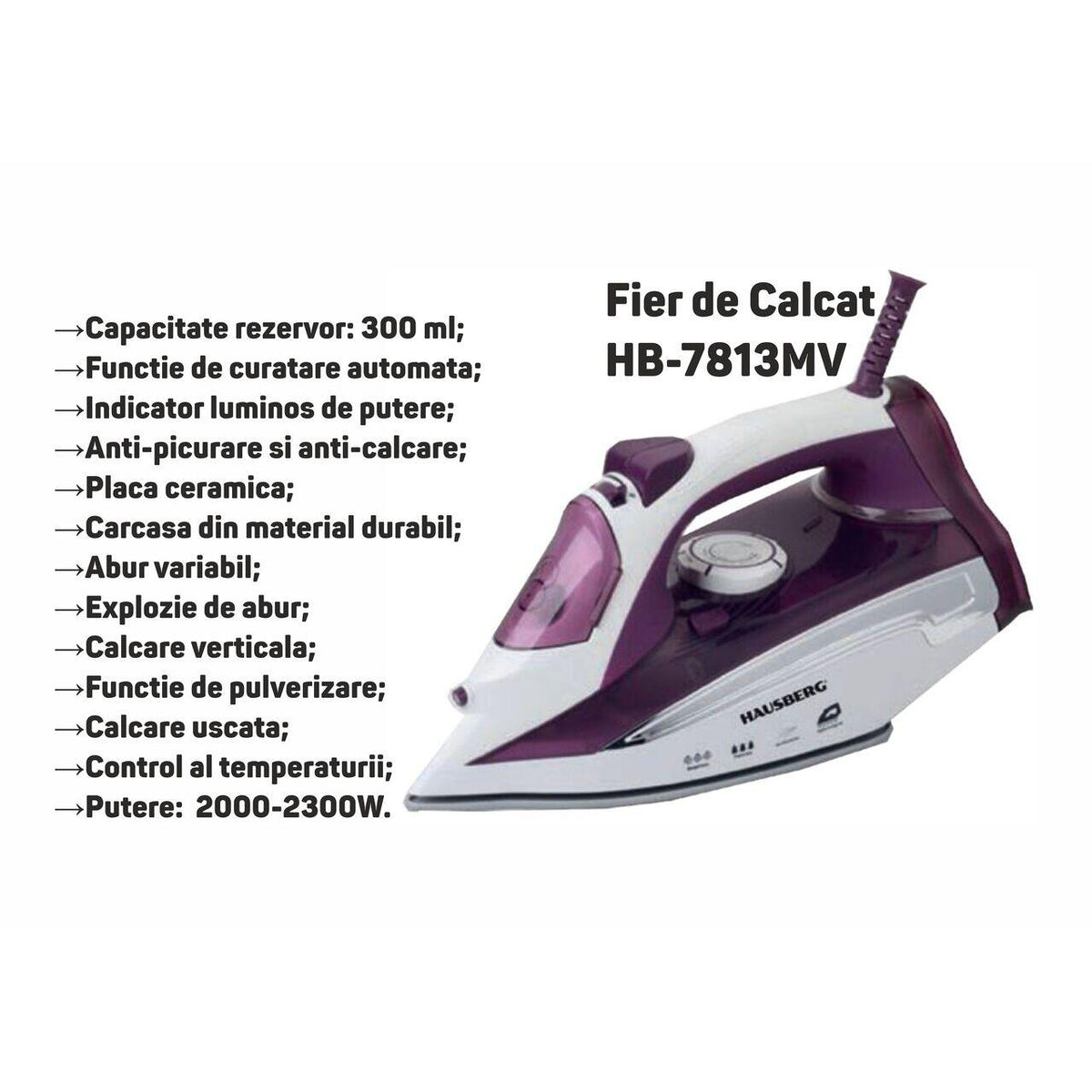 Hausberg HB-7813MV Vasaló, Vízkőmentes, Kerámia, 300ml Víztartály, 2000-2300W