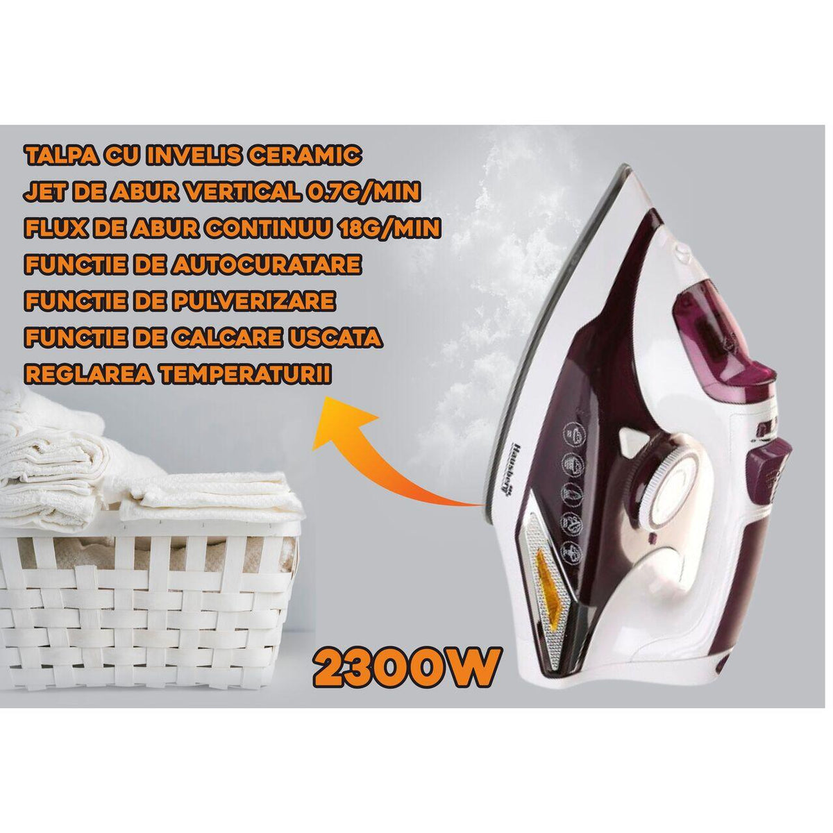Hausberg HB-7880MV gőzölős vasaló, 2300W, kerámia bevonatos talp, 400 ml víztartály