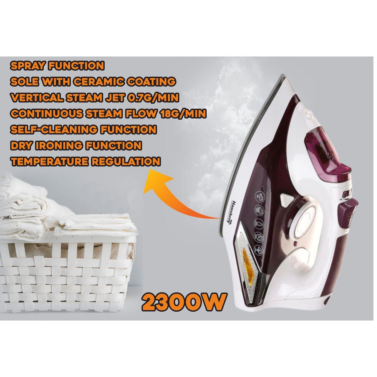 Hausberg HB-7880MV gőzölős vasaló, 2300W, kerámia bevonatos talp, 400 ml víztartály