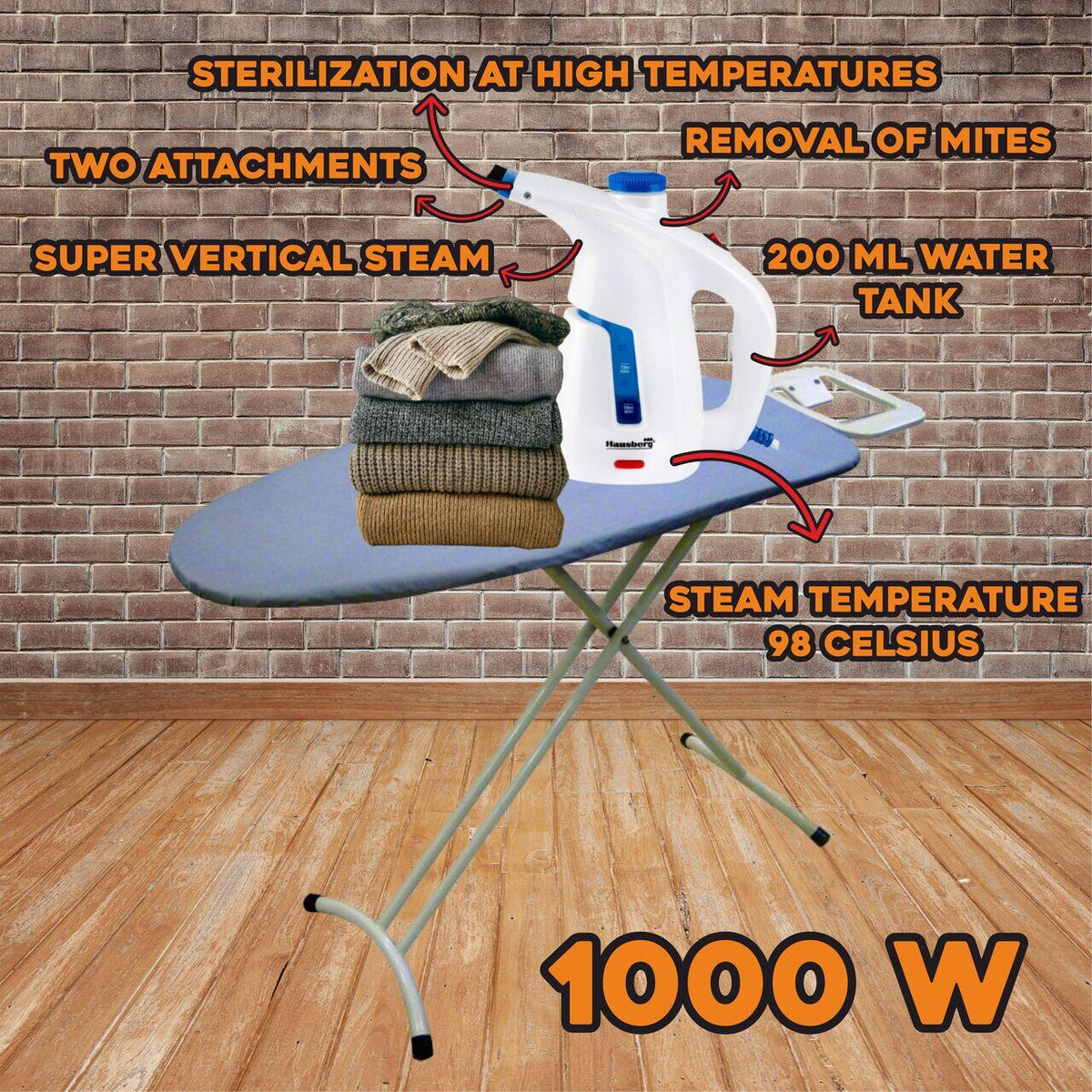 HAUSBERG HB-7886BL függőleges gőzölő, 1000 W, 200 ml, 2 tartozék