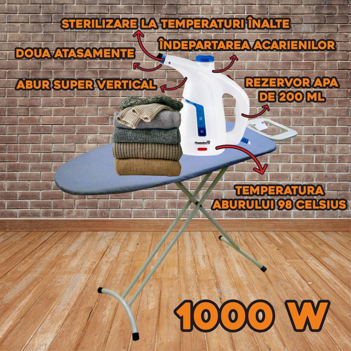 HAUSBERG HB-7886BL függőleges gőzölő, 1000 W, 200 ml, 2 tartozék