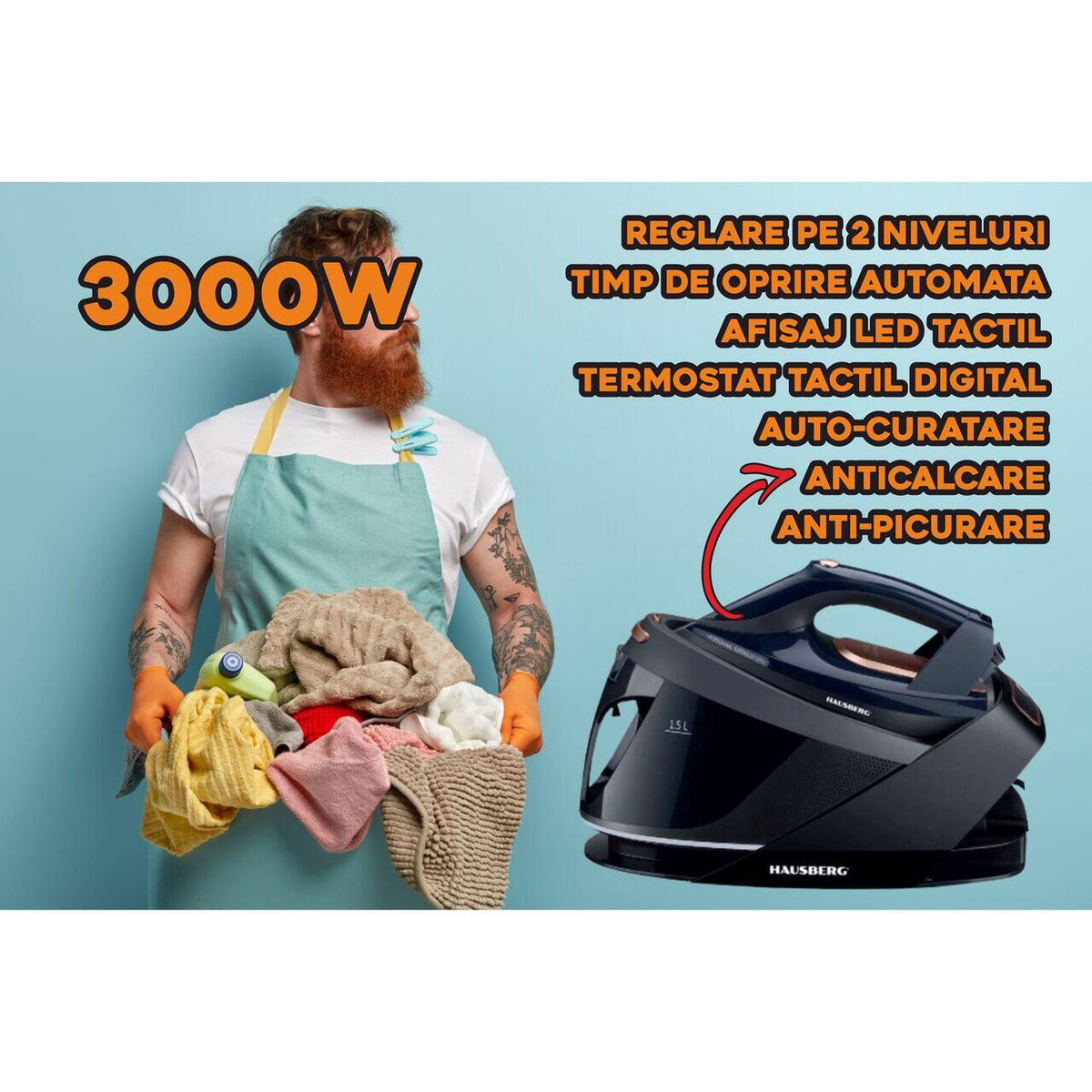 HAUSBERG HB-7925NG gőzállomás, 3000W, 40-50g/perc, 1.5l, öntisztító, termosztát, kerámia talp