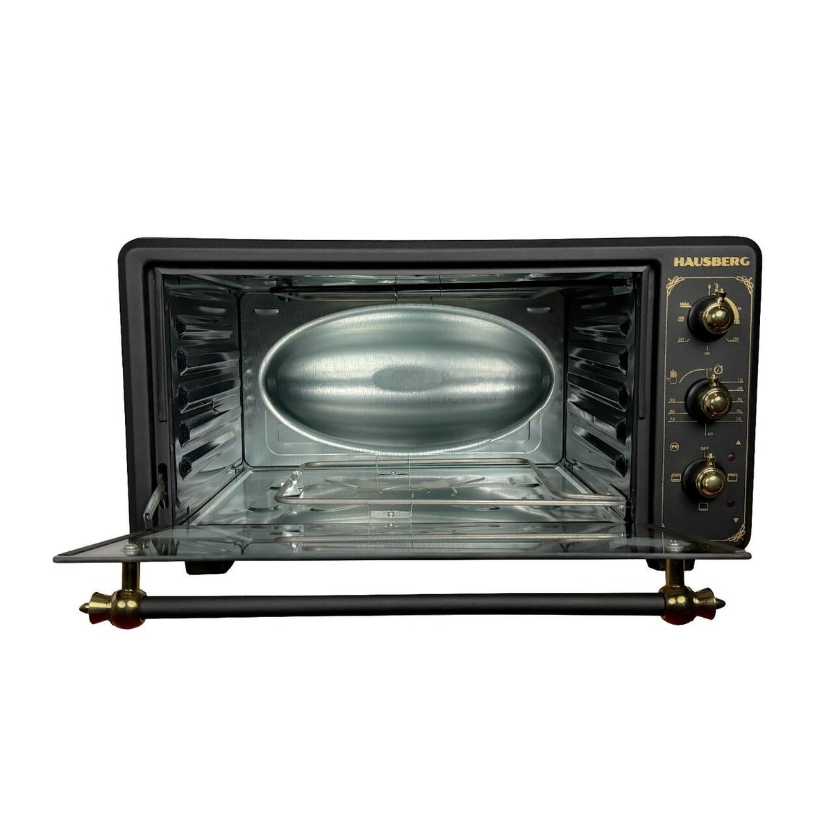 Rustic HAUSBERG HB-8001RST elektromos sütő, 1400W, 48l, mechanikus időzítő, állítható termosztát, 4 tálcamagasság, magas hőmérsékletnek ellenálló üvegajtó, mechanikus panel, fekete-arany