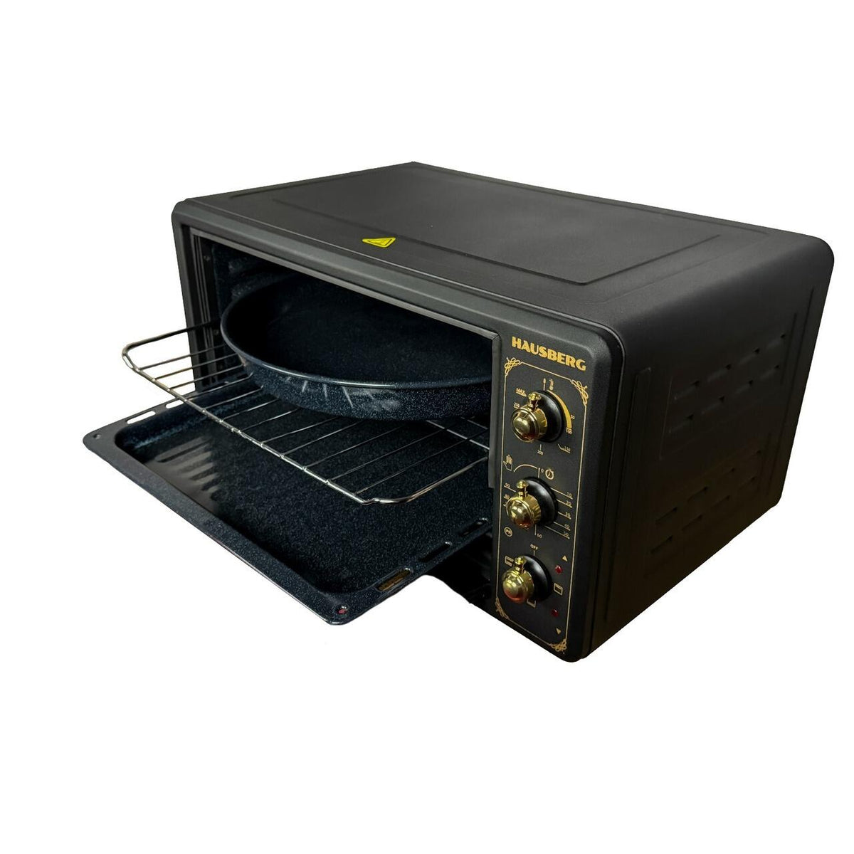 Rustic HAUSBERG HB-8001RST elektromos sütő, 1400W, 48l, mechanikus időzítő, állítható termosztát, 4 tálcamagasság, magas hőmérsékletnek ellenálló üvegajtó, mechanikus panel, fekete-arany