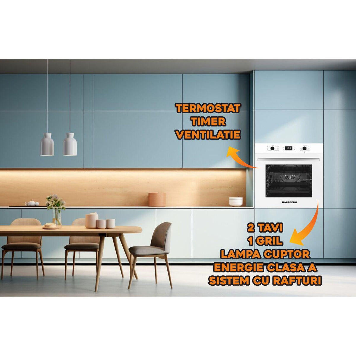Hausberg HB-8054AB beépíthető elektromos sütő, A osztály, 71L űrtartalom, 2225W teljesítmény, hőszigetelt üvegpanel, termosztát, időzítő, 8 funkció, légkeverés, fehér