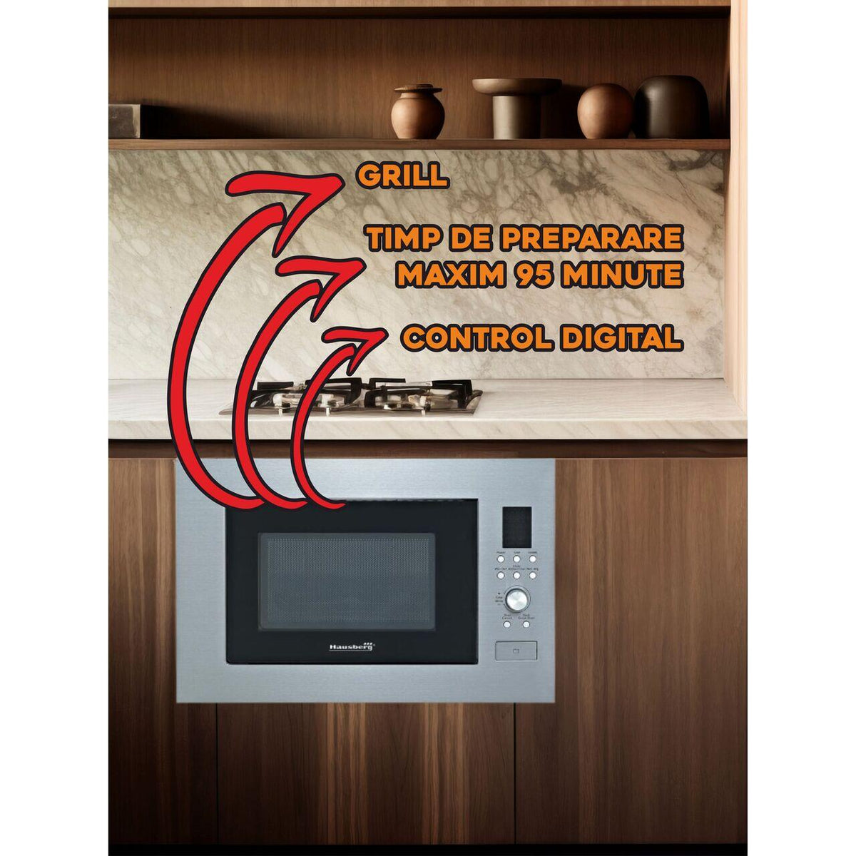 Hausberg HB-8070IN beépíthető mikrohullámú sütő, 25 l, mikrohullámú kimeneti teljesítmény: 900W, bemeneti teljesítmény: 1400W, grill teljesítmény: 1000W, grill, digitális vezérlés, ezüst