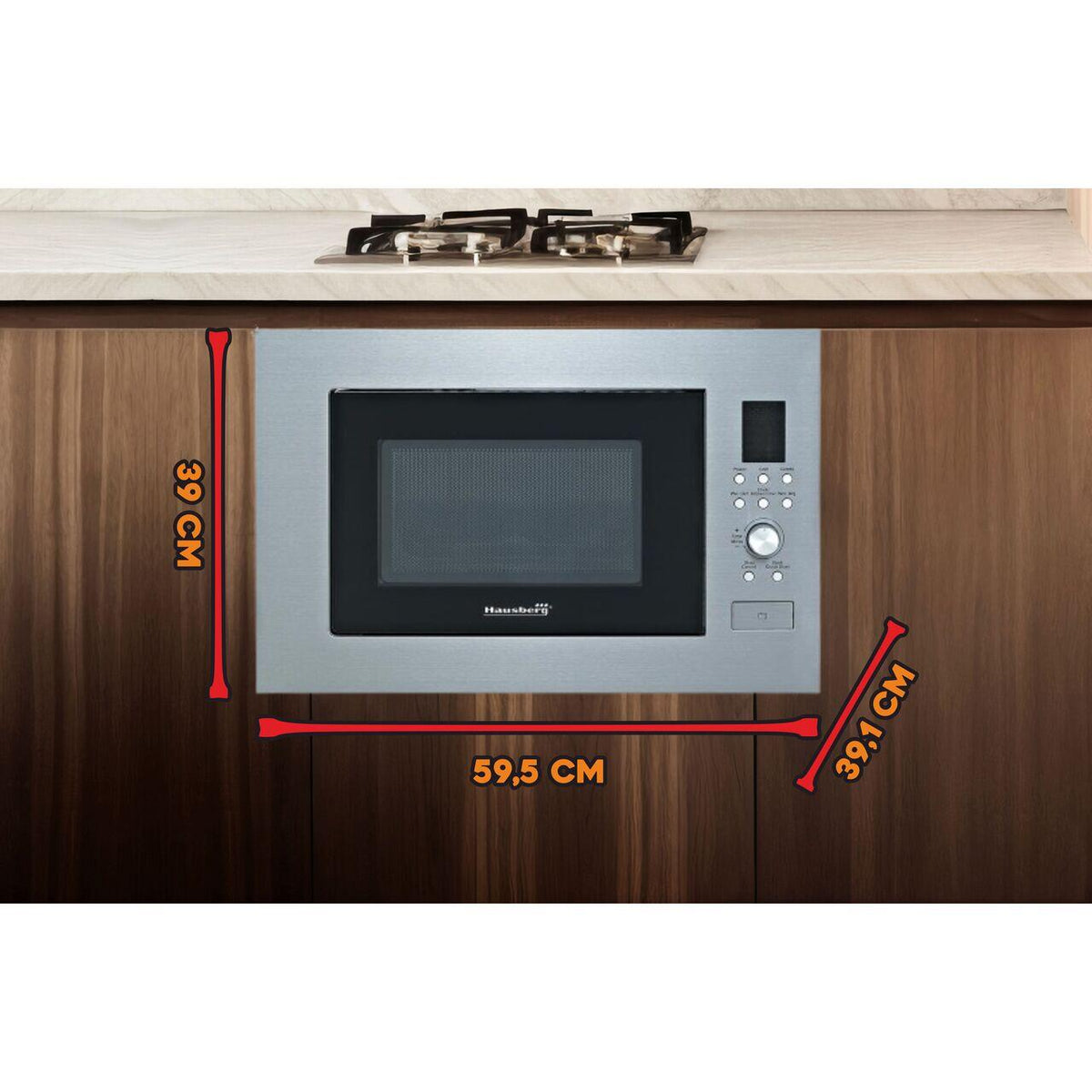 Hausberg HB-8070IN beépíthető mikrohullámú sütő, 25 l, mikrohullámú kimeneti teljesítmény: 900W, bemeneti teljesítmény: 1400W, grill teljesítmény: 1000W, grill, digitális vezérlés, ezüst