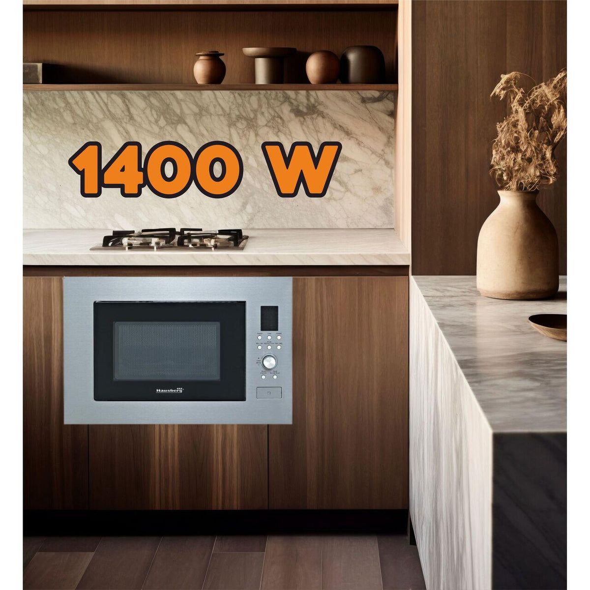 Hausberg HB-8070IN beépíthető mikrohullámú sütő, 25 l, mikrohullámú kimeneti teljesítmény: 900W, bemeneti teljesítmény: 1400W, grill teljesítmény: 1000W, grill, digitális vezérlés, ezüst
