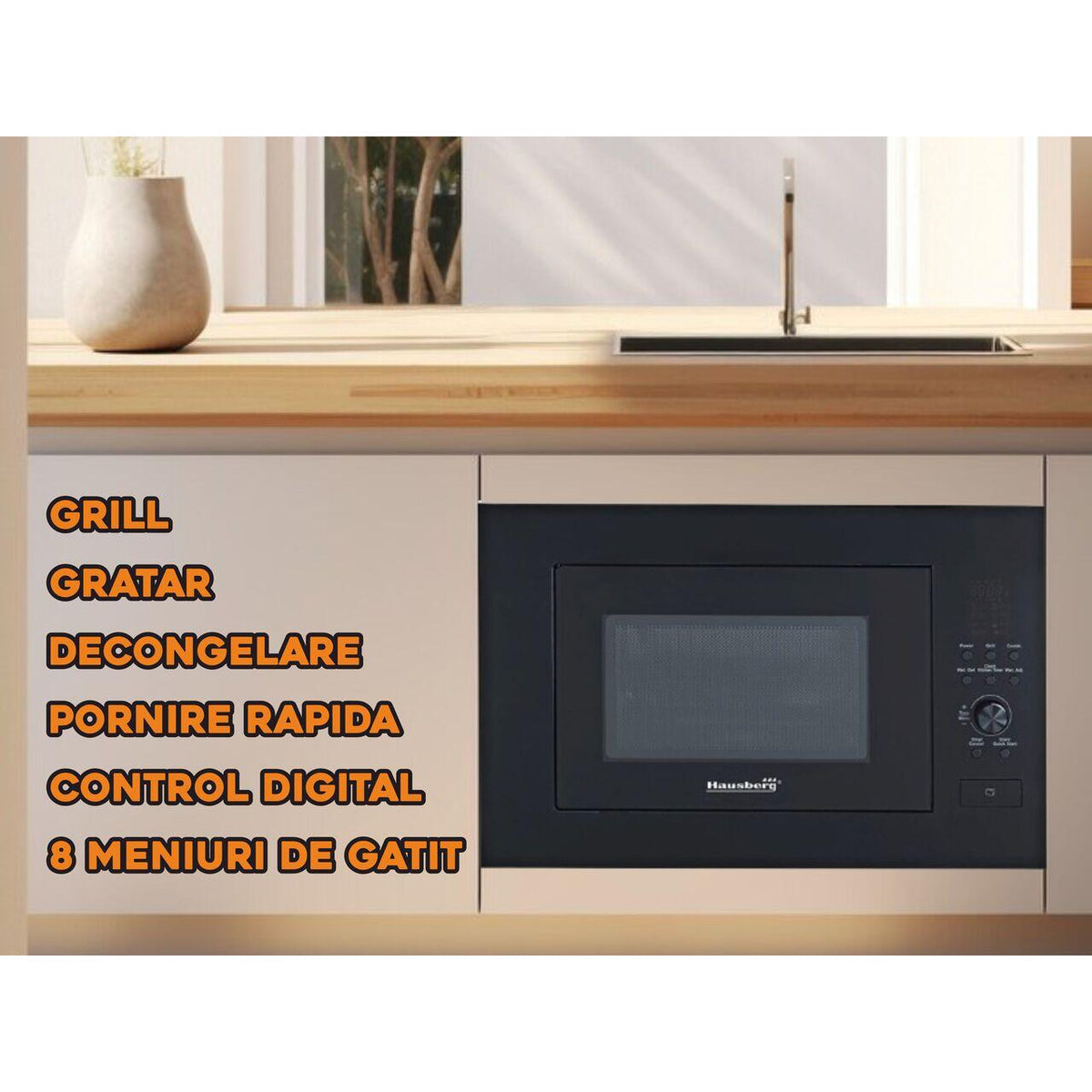 Beépíthető mikrohullámú sütő Hausberg HB-8070NG, 25 l, Névleges mikrohullámú kimeneti teljesítmény: 900W, bemeneti teljesítmény: 1400W, grill teljesítmény: 1000W, Grill, Digitális vezérlés, Fekete