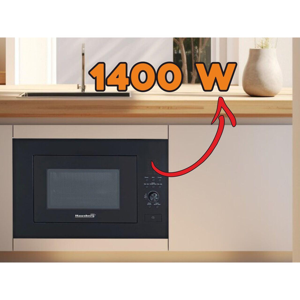 Beépíthető mikrohullámú sütő Hausberg HB-8070NG, 25 l, Névleges mikrohullámú kimeneti teljesítmény: 900W, bemeneti teljesítmény: 1400W, grill teljesítmény: 1000W, Grill, Digitális vezérlés, Fekete