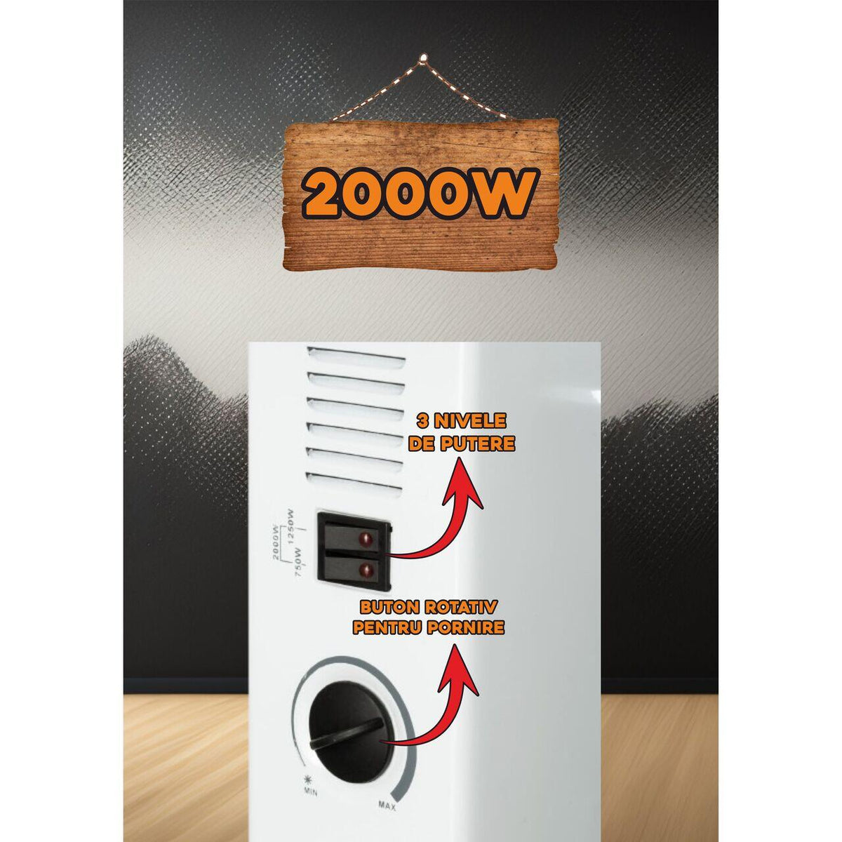 Hausberg HB-8200 elektromos konvektor, 2000 W, 3 teljesítményfokozat, állítható termosztát