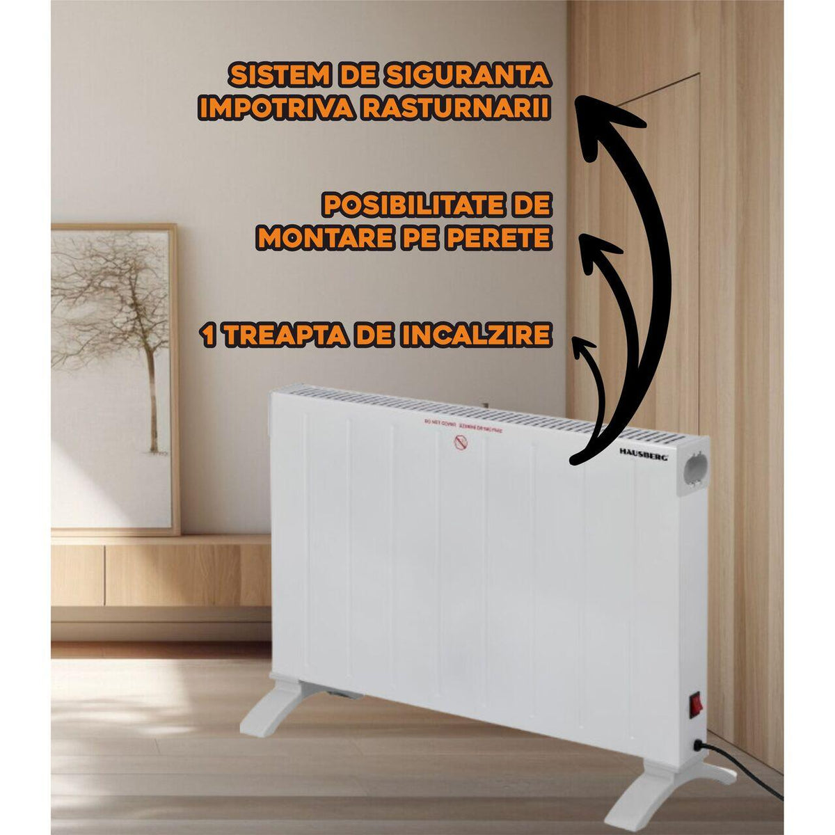 HAUSBERG HB-8203 elektromos konvektor, 2000W, 1 teljesítményfokozat, Borulásgátló biztonsági kapcsoló